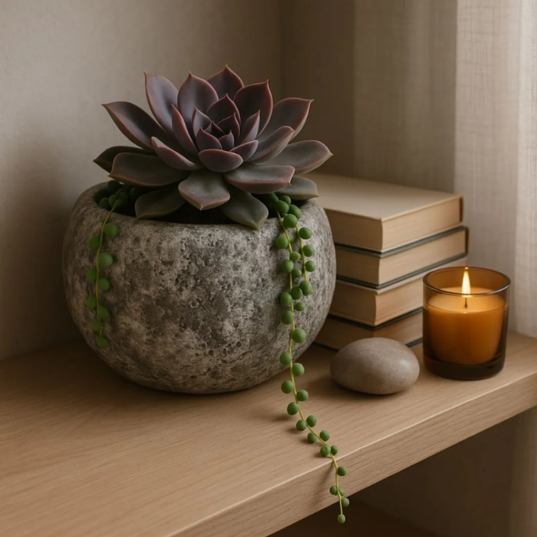 Suculenta echeveria em vaso de pedra com livros e vela