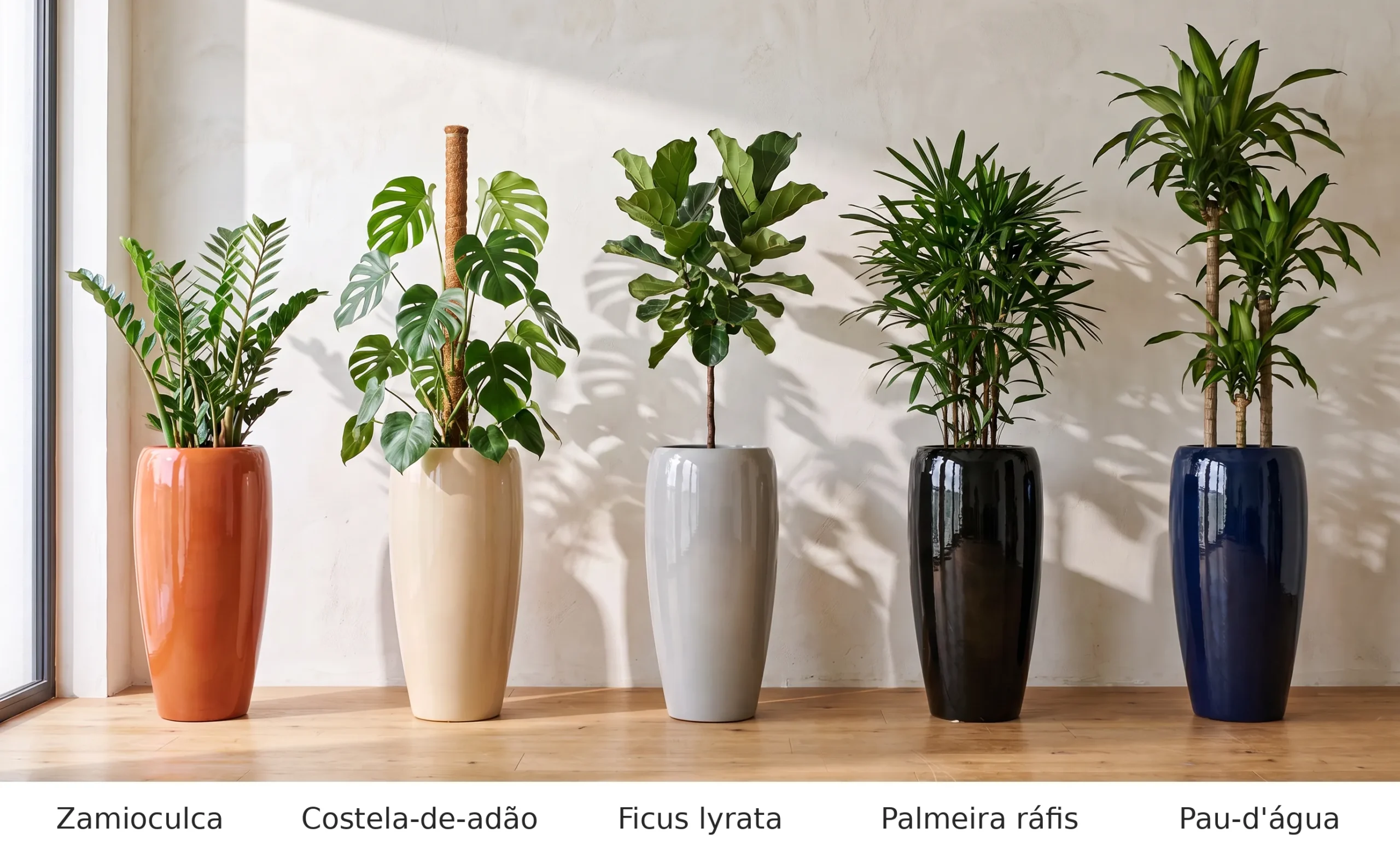 5 plantas para vaso grande dentro de casa, cada uma no Vaso Pequim de 67,5 cm em uma cor, com luz de janela: zamioculca no terracota, costela-de-adão com tutor no bege, Ficus lyrata no cinza, palmeira ráfis no preto e pau-d'água no azul