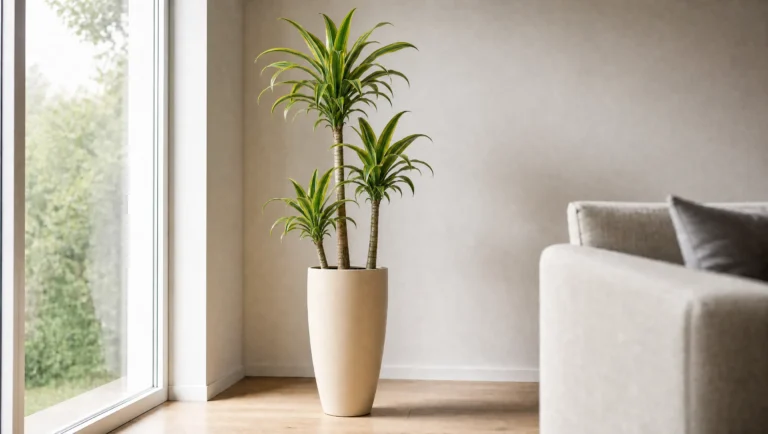 Pau-d'água de cerca de 1,2 m plantado no Vaso Pequim bege de 67,5 cm ao lado da janela de uma sala, exemplo de planta para vaso grande na proporção certa
