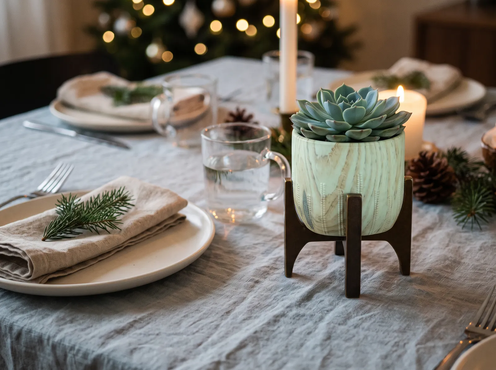 Vaso Genebra menta pequeno com suporte de madeira café e uma echeveria, ao lado do prato na mesa posta