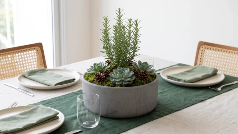 Arranjo de Natal com 3 echeverias, alecrim e pinhas na Bacia Linha Genebra chumbo de 24 x 10 cm, no centro da mesa posta de Natal