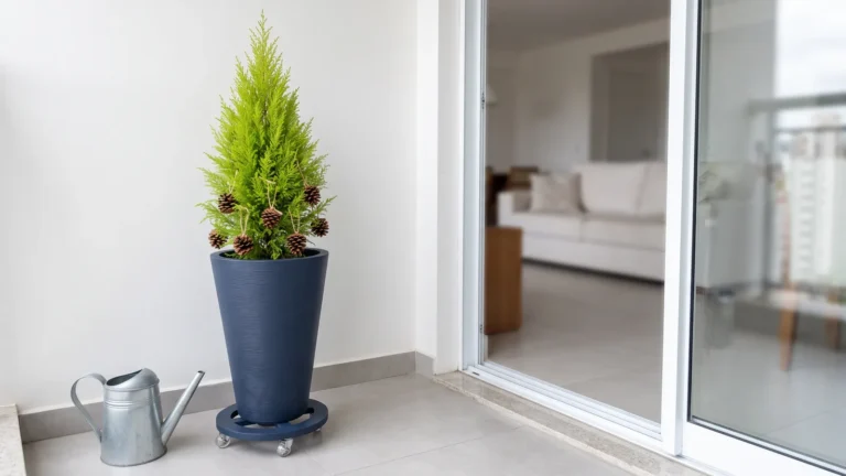 Tuia-holandesa decorada com pinhas no Kit Vaso 55x37 azul com suporte com rodas, na varanda ao lado da porta de vidro da sala