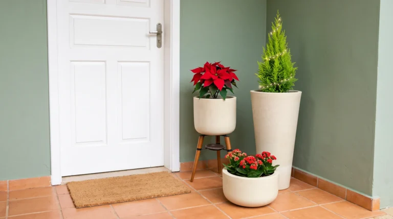Entrada de casa com parede verde-sálvia e porta branca, com o kit de 3 vasos bege: tuia com pisca-pisca de luz quente no vaso cônico encostado no canto, bico-de-papagaio vermelho no vaso com tripé de madeira e kalanchoes vermelhos na bacia à frente