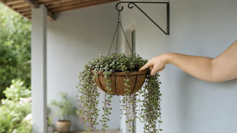 Dinheiro-em-penca de folhas verdes com toque rosado caindo do Vaso Suspenso de Fibra de Coco com Corrente de 30 cm, pendurado num suporte de parede na varanda, enquanto uma mão testa com o dedo a umidade da terra