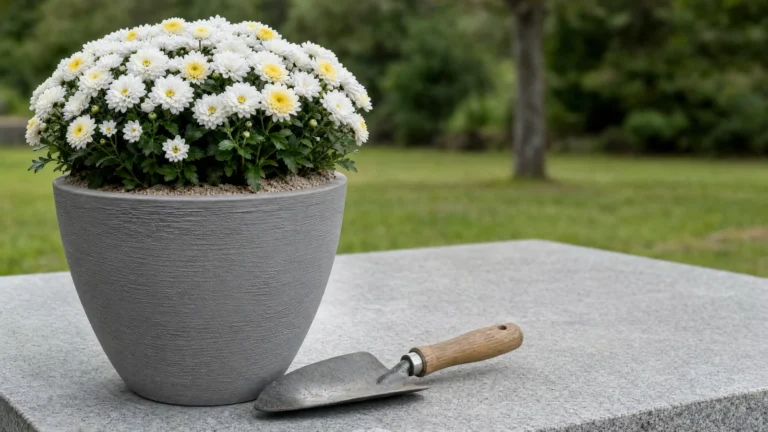 Crisântemo branco de miolo amarelo plantado no Vaso Berlim Texturizado cinza, tamanho Mini de 23 x 20 cm, com areia até a borda, sobre granito claro ao lado de uma pá de jardinagem
