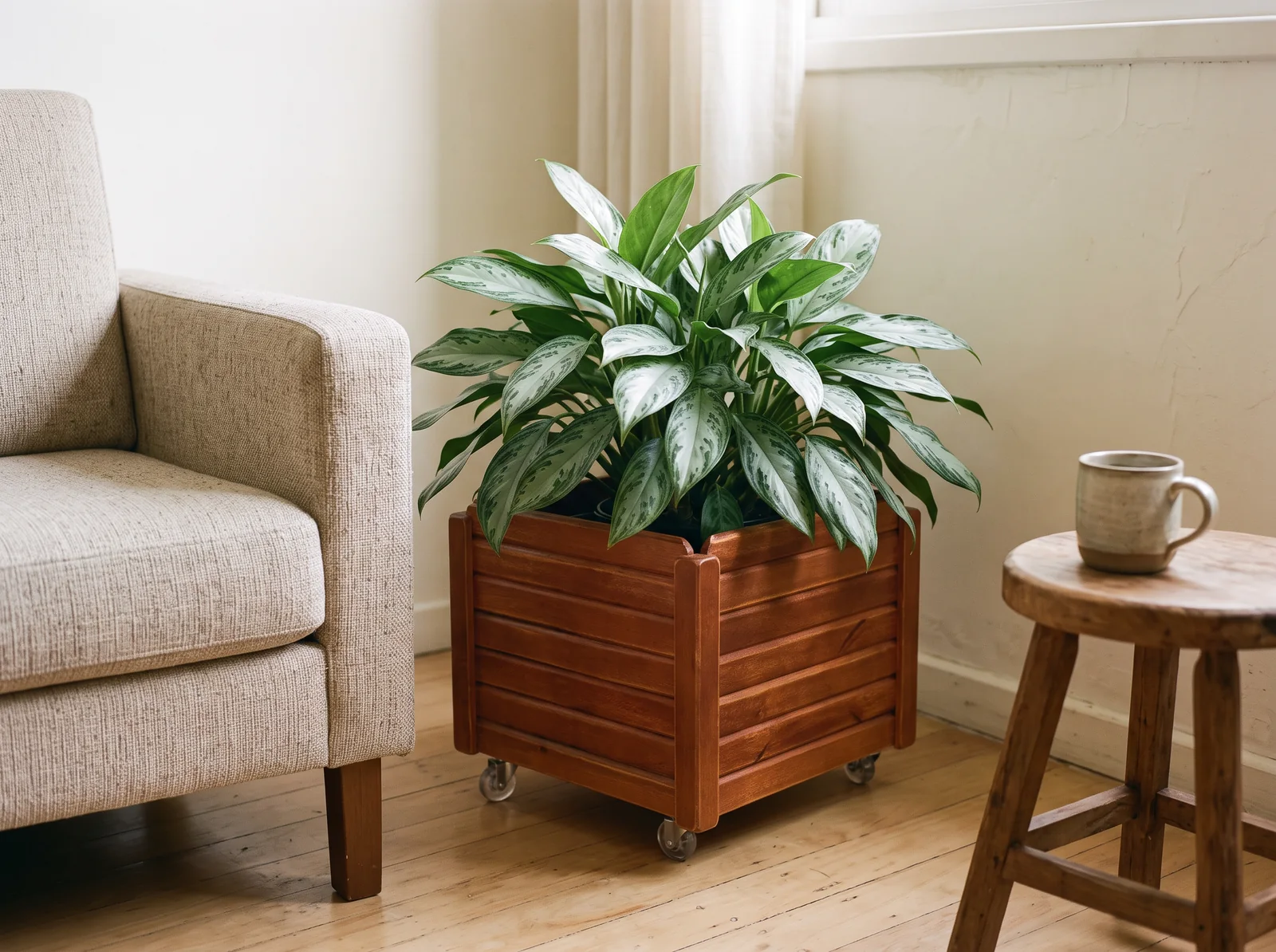 Cachepot quadrado de madeira ripada com rodinhas no canto da sala, com uma aglaonema de folhas prateadas, ao lado de uma poltrona e de uma banqueta com caneca