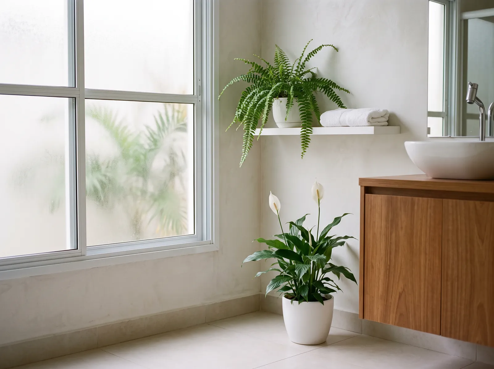 Banheiro claro com janela de vidro jateado, samambaia-americana num vaso branco sobre prateleira ao lado de uma toalha dobrada e lírio-da-paz florido num vaso branco no chão