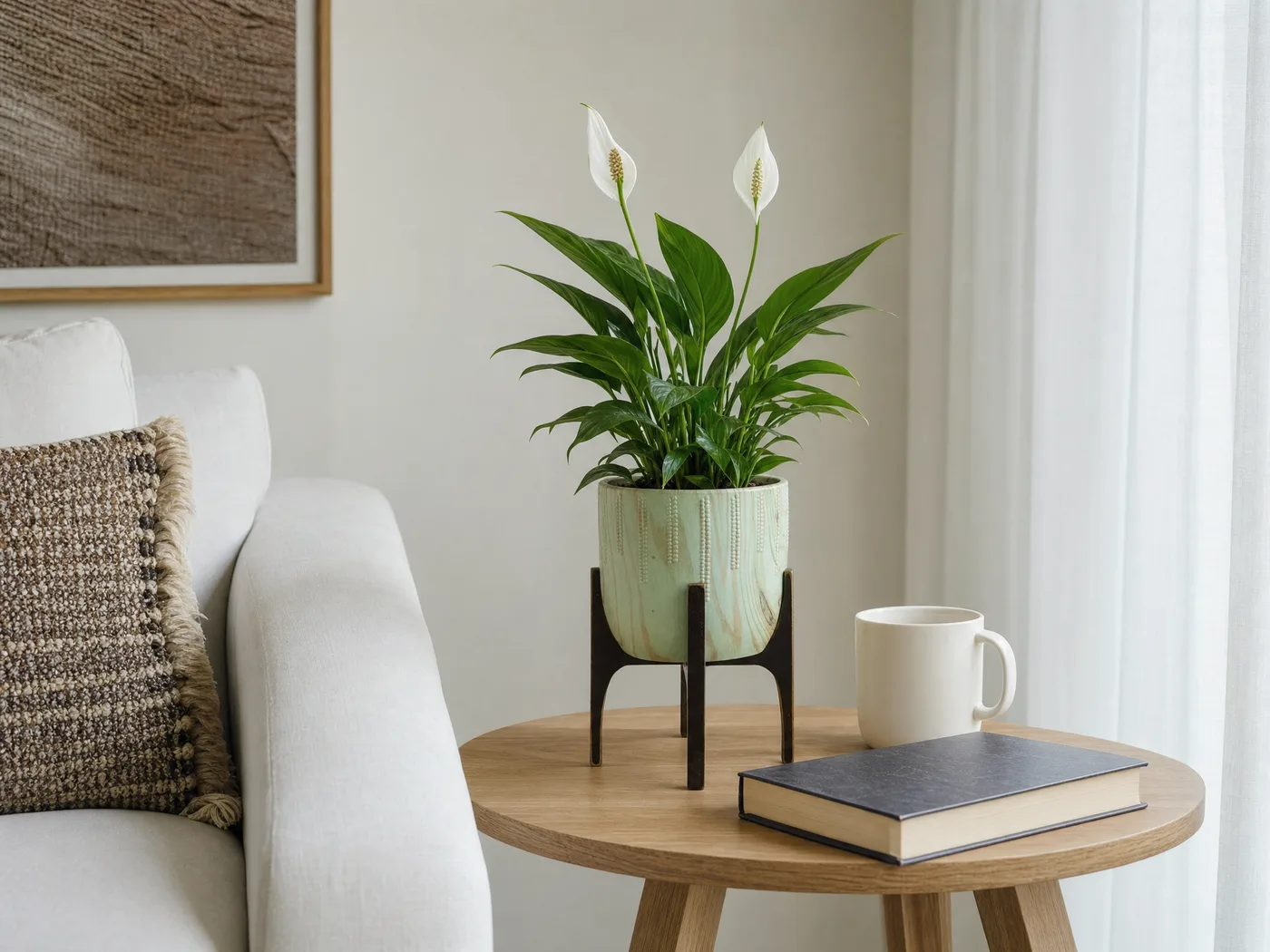 Mini lírio-da-paz com duas flores brancas no cachepot Genebra menta pequeno com suporte de madeira, sobre mesa lateral ao lado de uma caneca e um livro