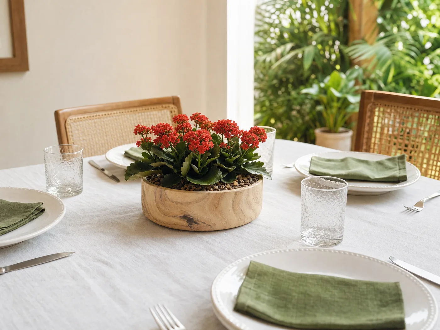 Kalanchoes de flor vermelha na bacia Genebra de cerâmica como centro de mesa, com toalha branca e guardanapos verdes