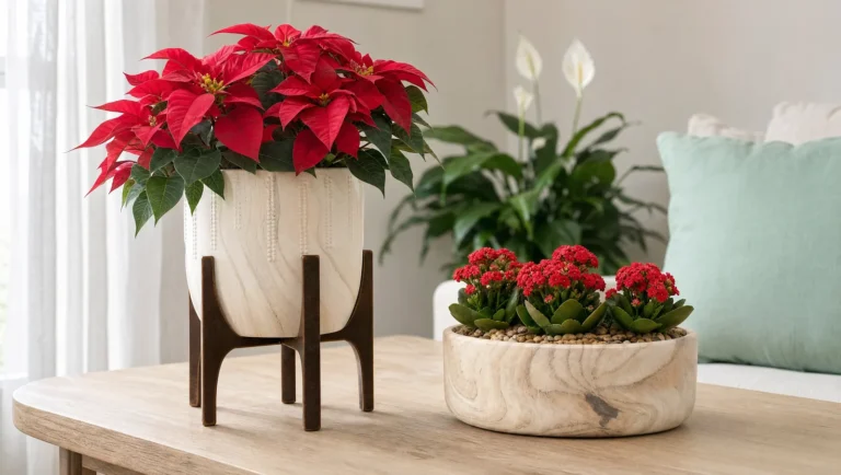 Bico-de-papagaio vermelho no cachepot Genebra creme com suporte alto de madeira e kalanchoes vermelhos na bacia de cerâmica, plantas de Natal na sala clara