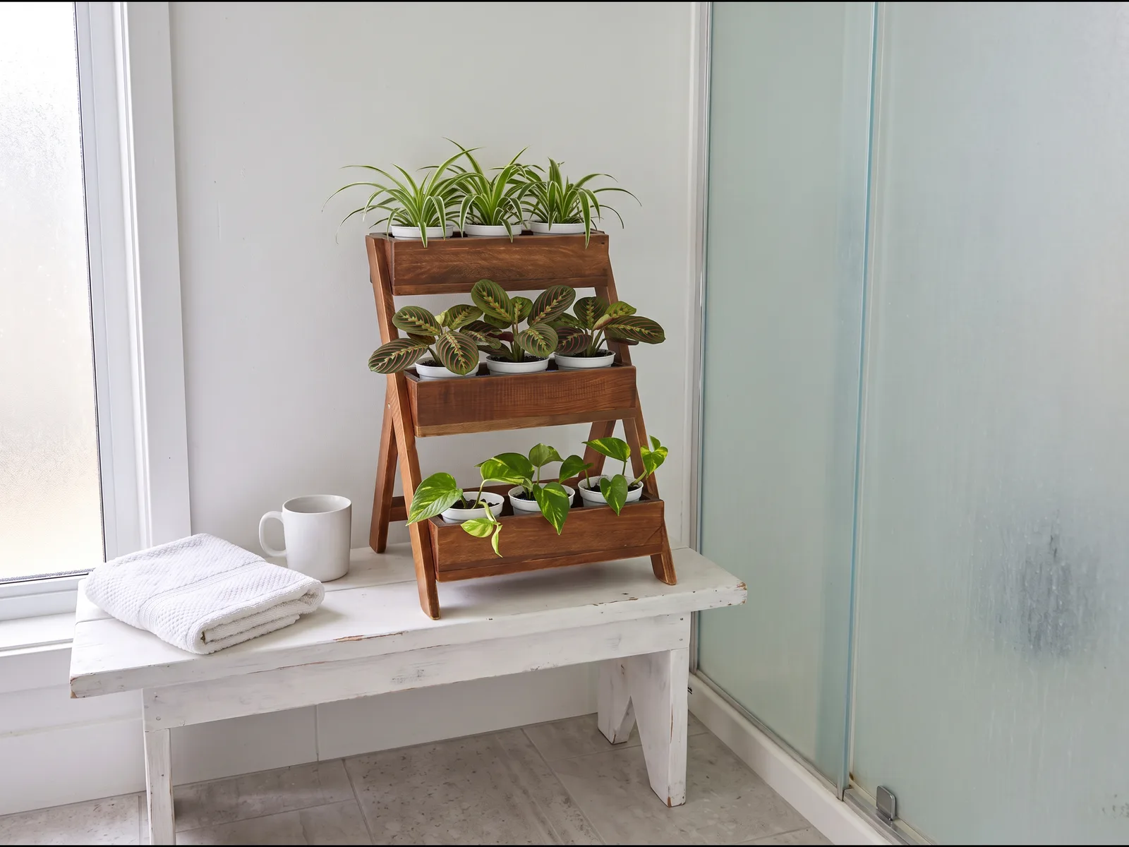 Suporte escada de madeira com 3 níveis de potes de clorofito, maranta e jiboia sobre um banco branco ao lado do box de vidro jateado