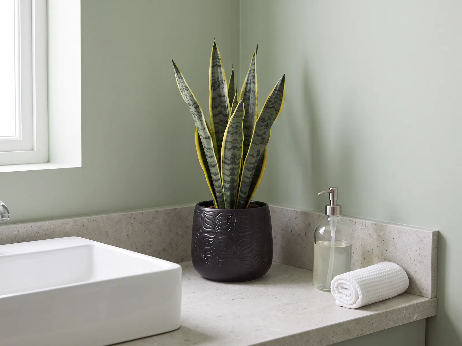 Espada-de-são-jorge no cachepot de porcelana preto com relevo de folhas, na bancada de pedra clara do lavabo